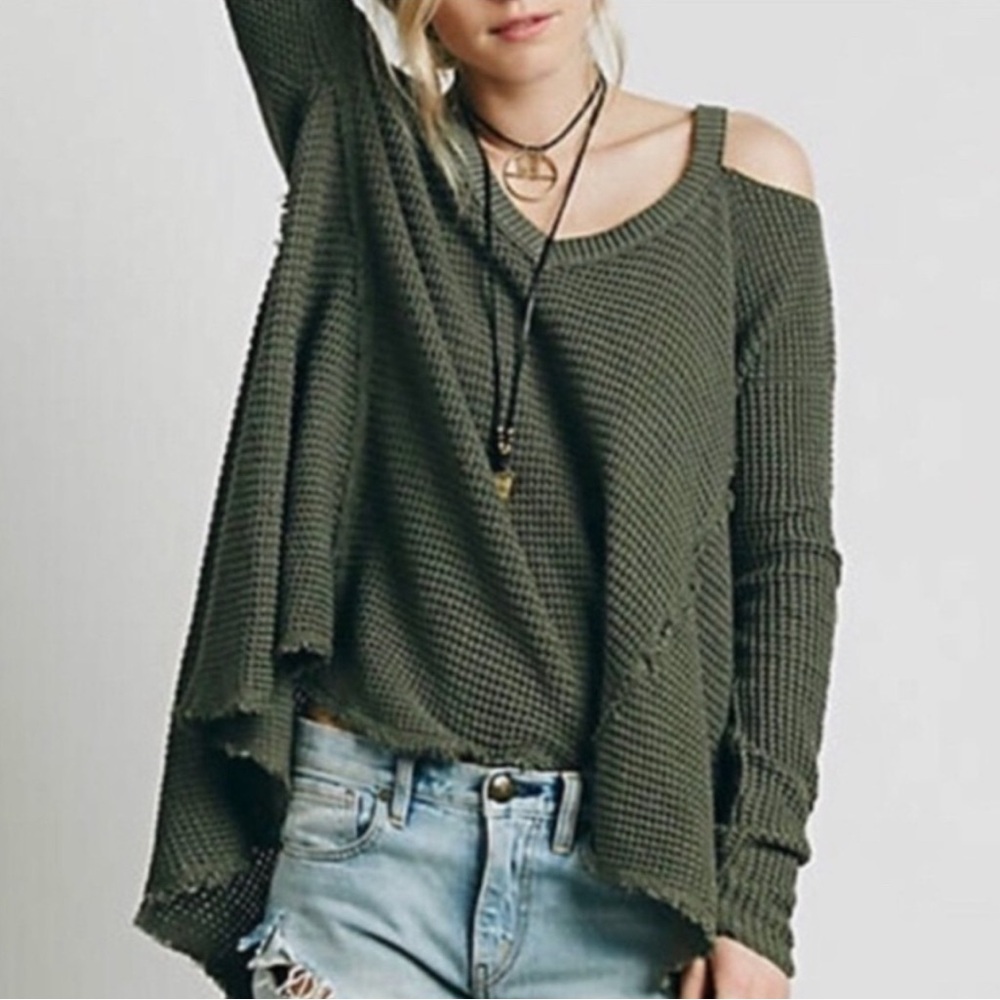 Free People Off-the-Shoulder Olive Sweater Moonshine